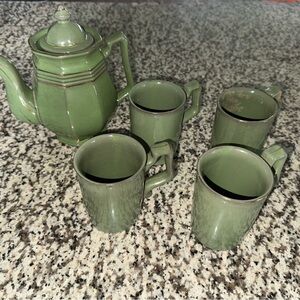 Vintage Green Ceramic Teapot/Pitcher and Mug Set with Gold Trim-Japan
